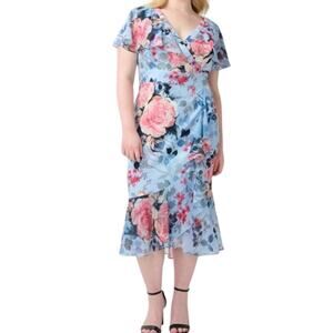 Adrianna Papell Blue Floral Midi Dress with Pink Roses
